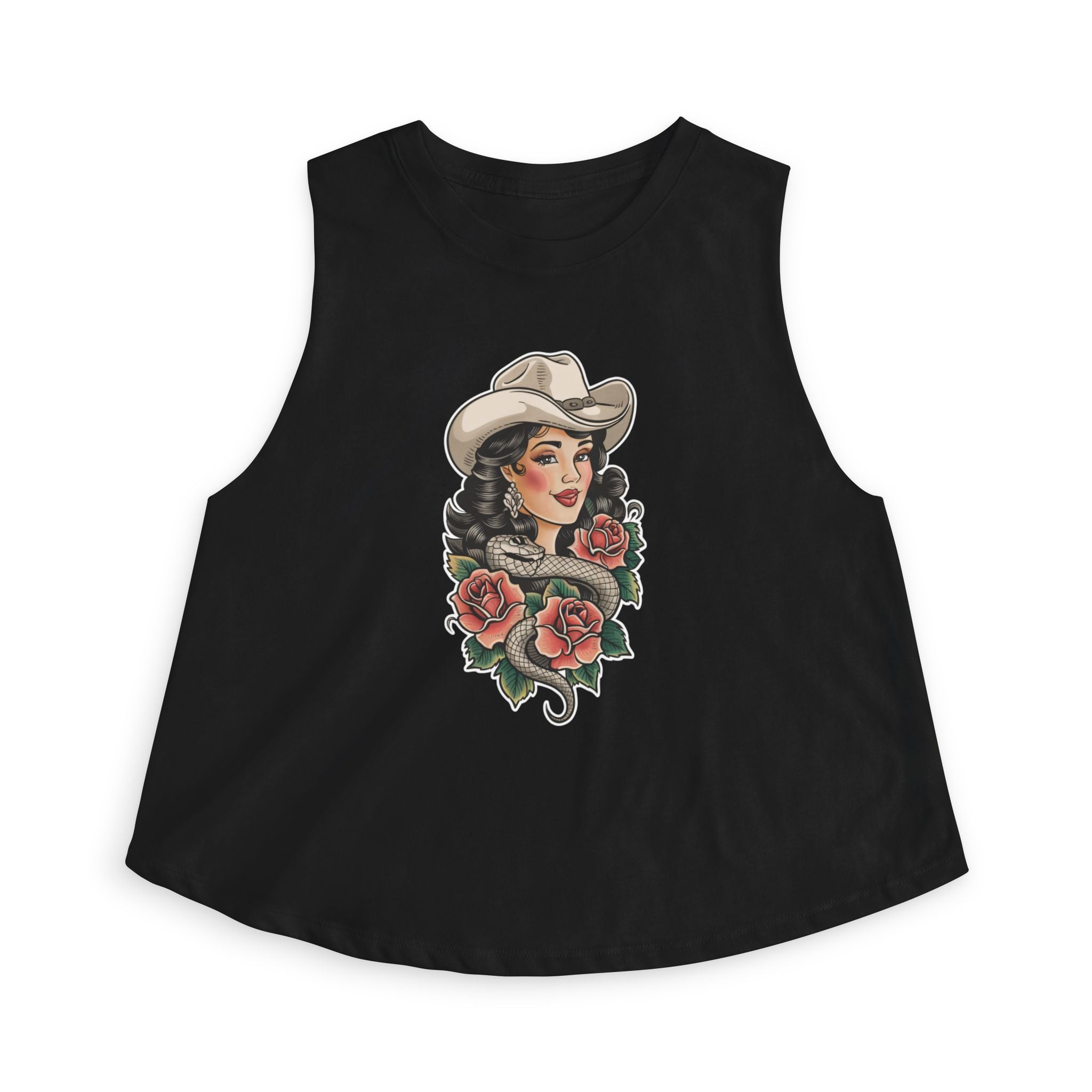Cowgirl Portrait Crop Top — Retro Western Woman with Roses