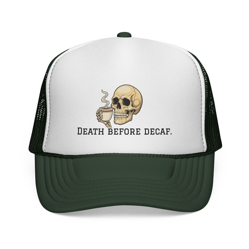 Skull & Coffee Trucker Hat — Vintage Skeleton Holding Mug Cap