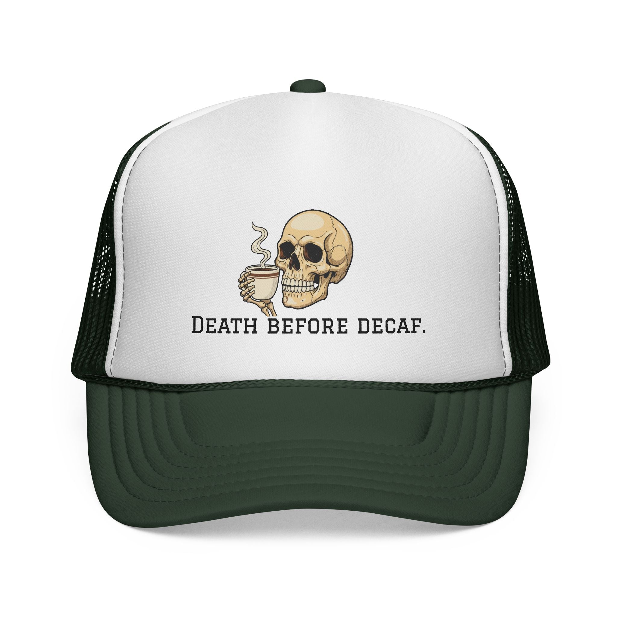 Skull & Coffee Trucker Hat — Vintage Skeleton Holding Mug Cap