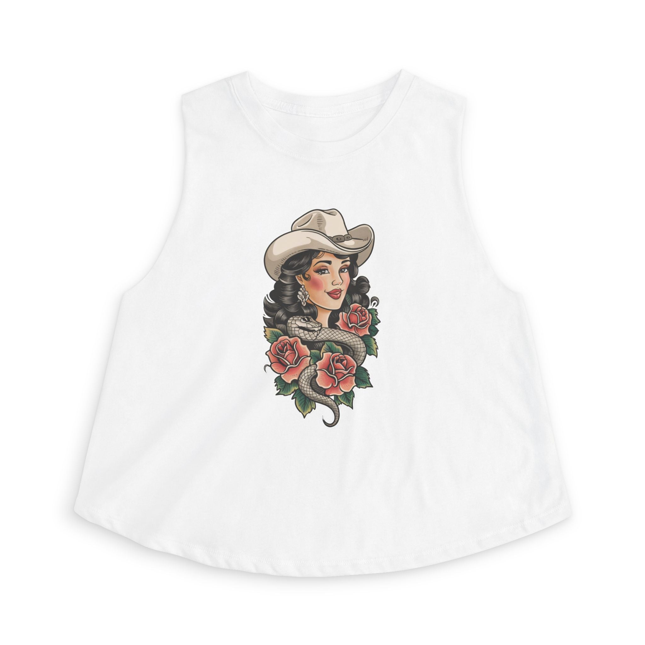 Cowgirl Portrait Crop Top — Retro Western Woman with Roses