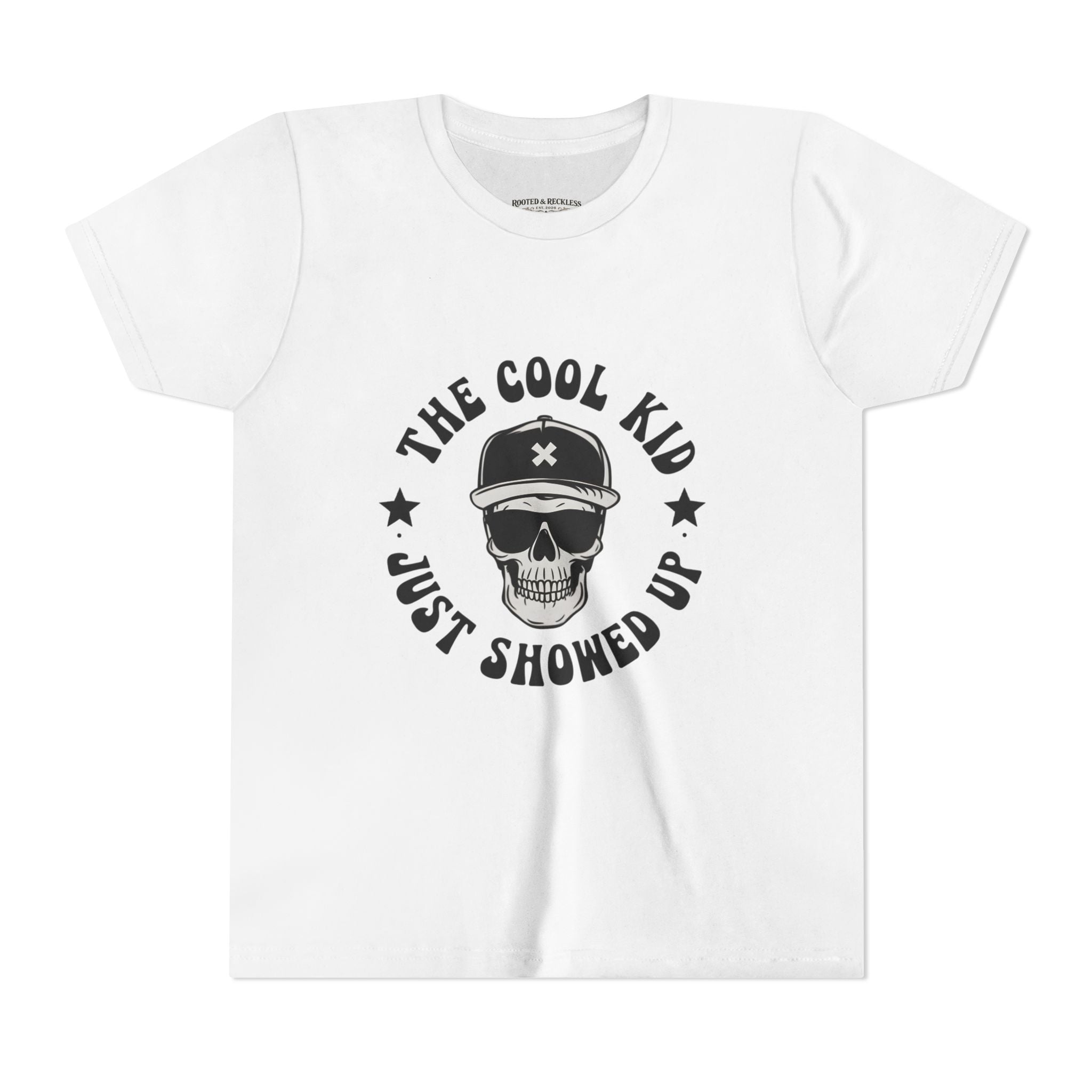 Youth Tee — "The Cool Kid Just Showed Up" Skull Graphic