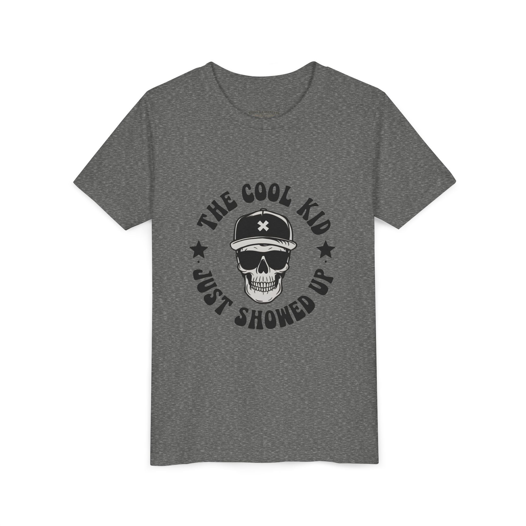 Youth Tee — "The Cool Kid Just Showed Up" Skull Graphic