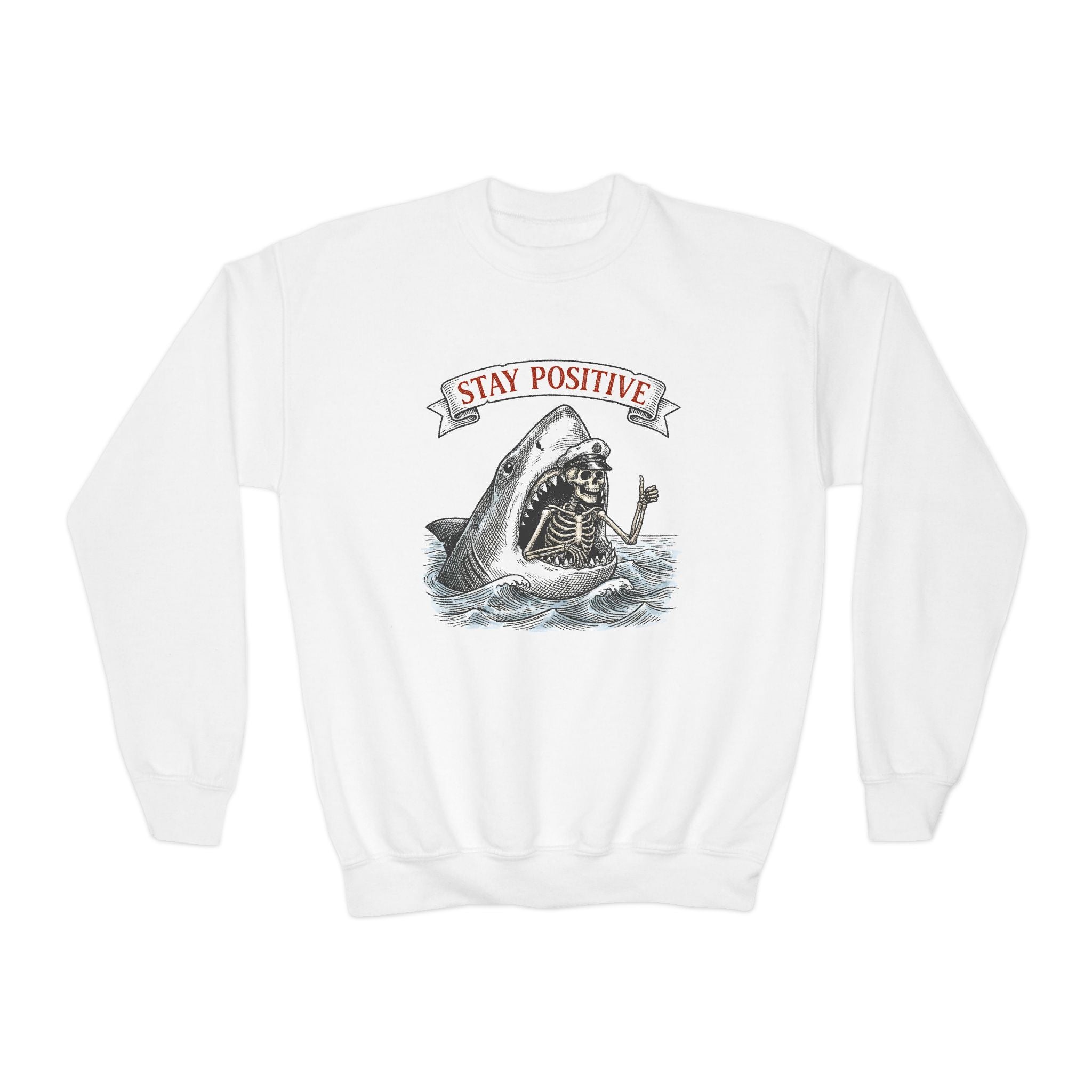 Youth — 'Stay Positive' Shark Graphic Crewneck