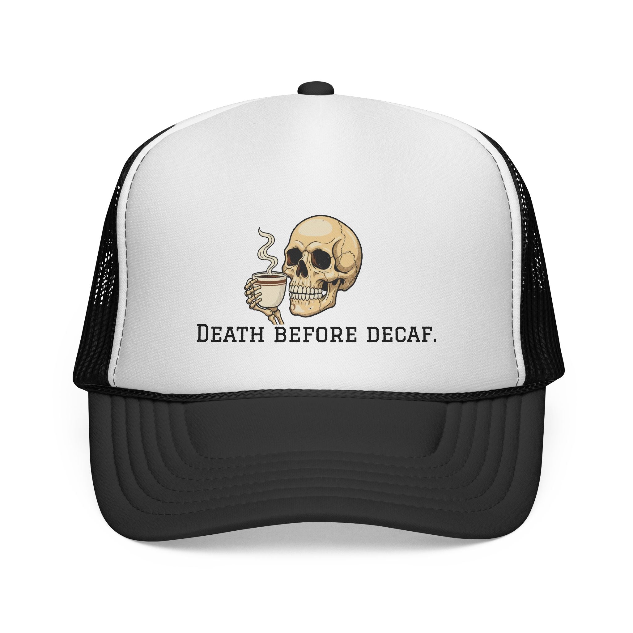 Skull & Coffee Trucker Hat — Vintage Skeleton Holding Mug Cap
