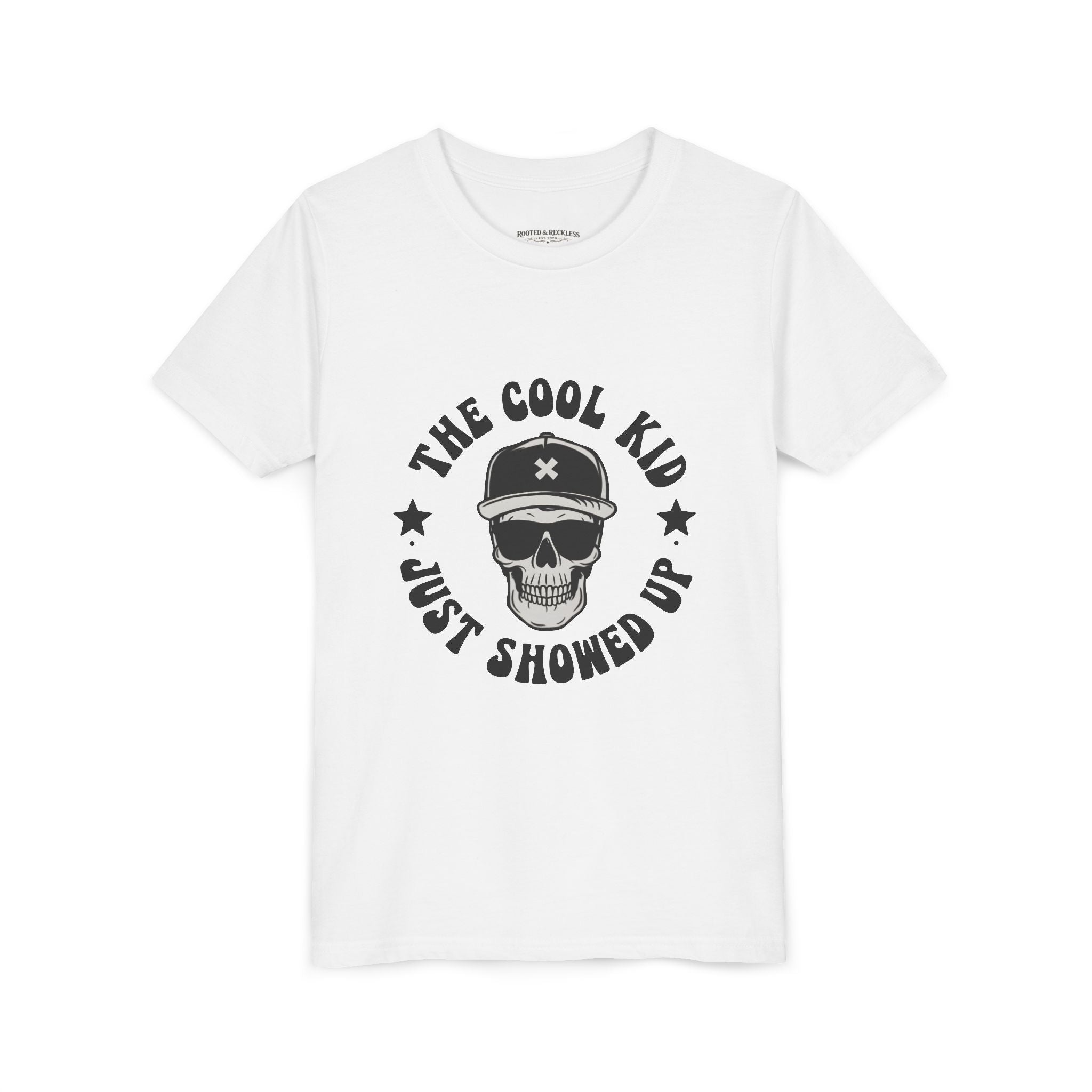 Youth Tee — "The Cool Kid Just Showed Up" Skull Graphic