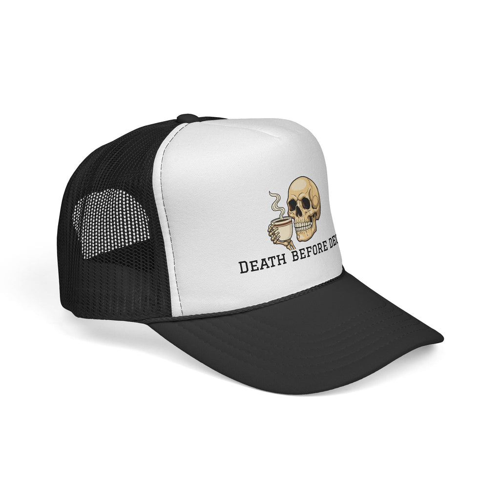 Skull & Coffee Trucker Hat — Vintage Skeleton Holding Mug Cap
